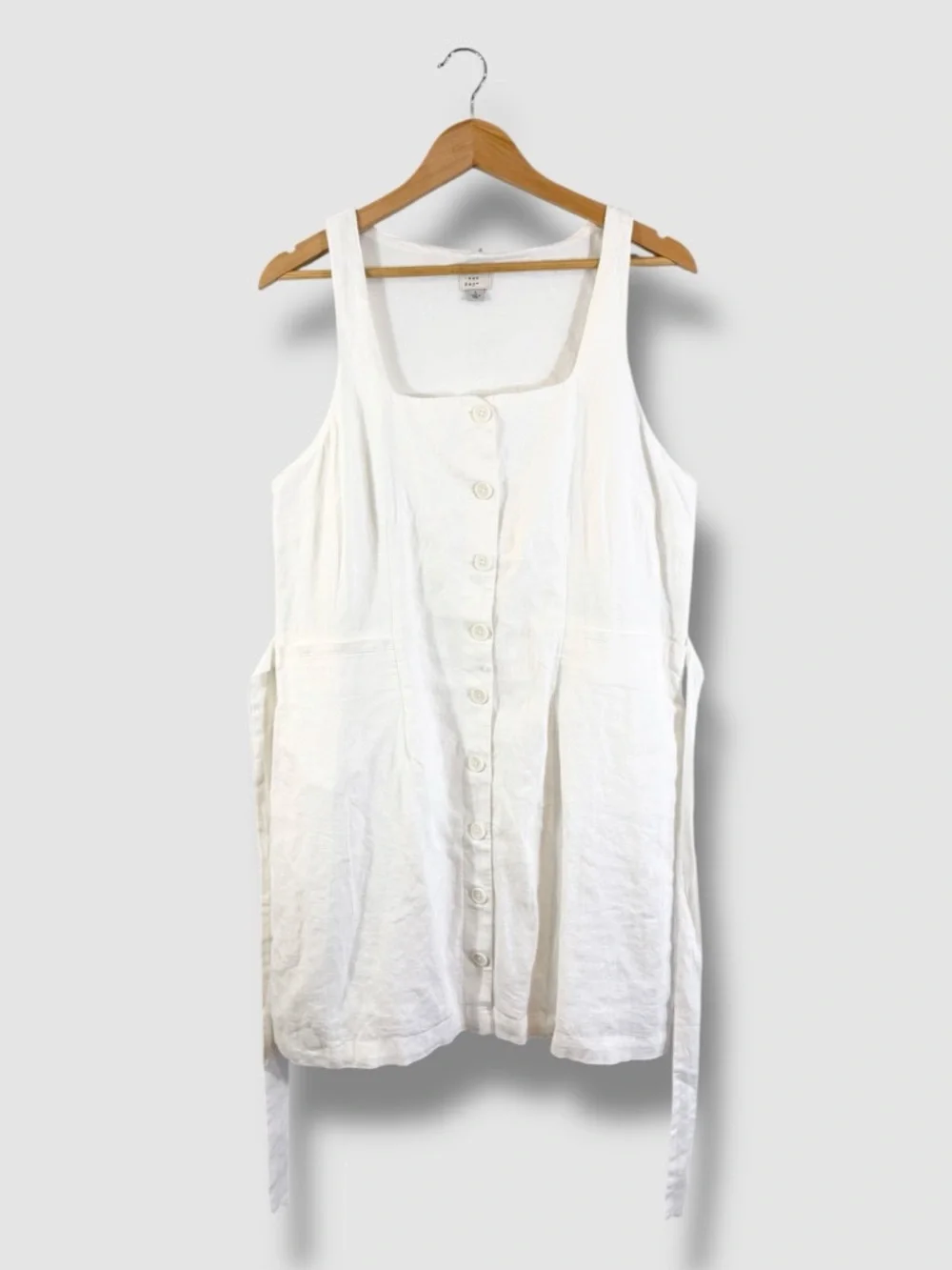 A New Day White Linen Dress Size L Sleeveless Belted Button Front Summer Casual